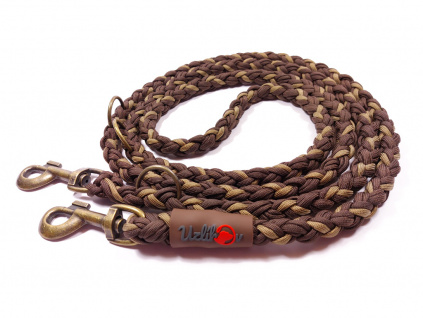 Vodítko paracord 220 cm přepínací KLASIK CHOCO čokoládové  klasické staromosazné karabiny | pro psy do cca 40 kg