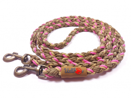 Vodítko paracord 220 cm přepínací KLASIK BROWN růžové klasické staromosazné karabiny | pro psy do cca 40 kg