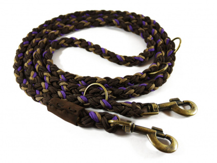 VÝPRODEJ Vodítko paracord 220 cm přepínací KLASIK CHOCO fialové verze 2020 klasické staromosazné karabiny | pro psy do cca 40 kg