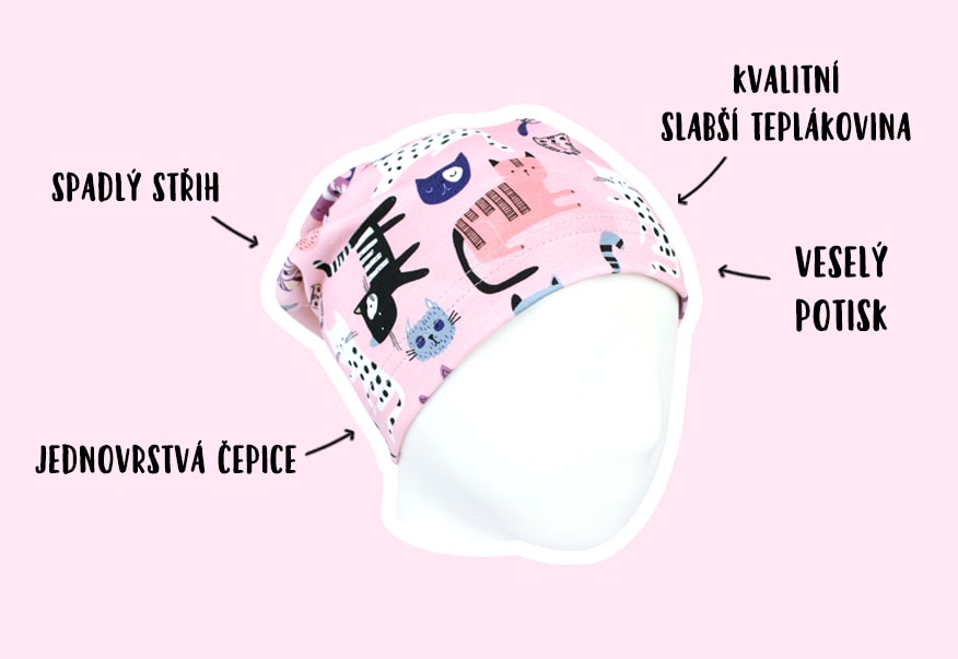 Banner Jarní/podzimní čepice Kočičky na růžové