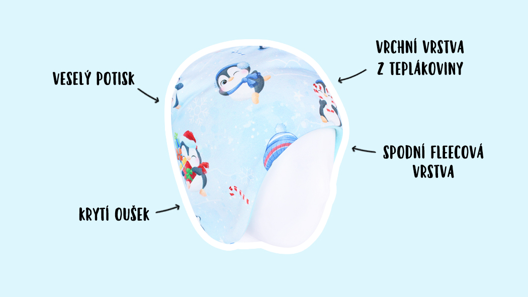 Infografika - dětská zateplená čepice Tučňáčci na ledě