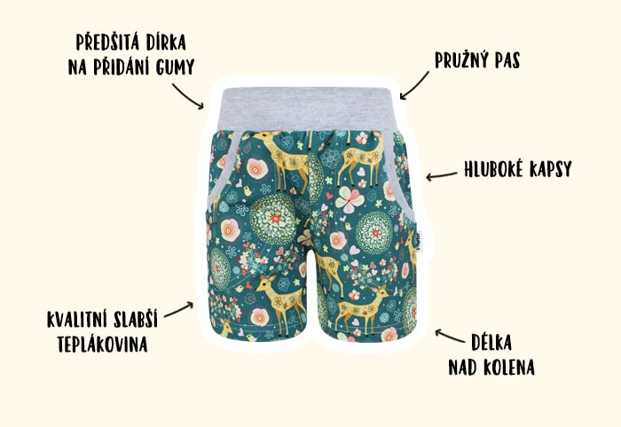 Infografika - dětské kraťasy Srnky na petrolejové