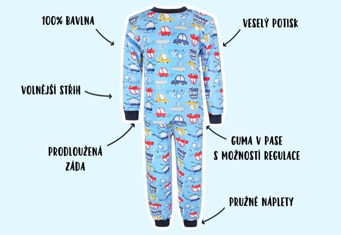 Infografika - chlapecké pyžamo Auta a vrtulníky