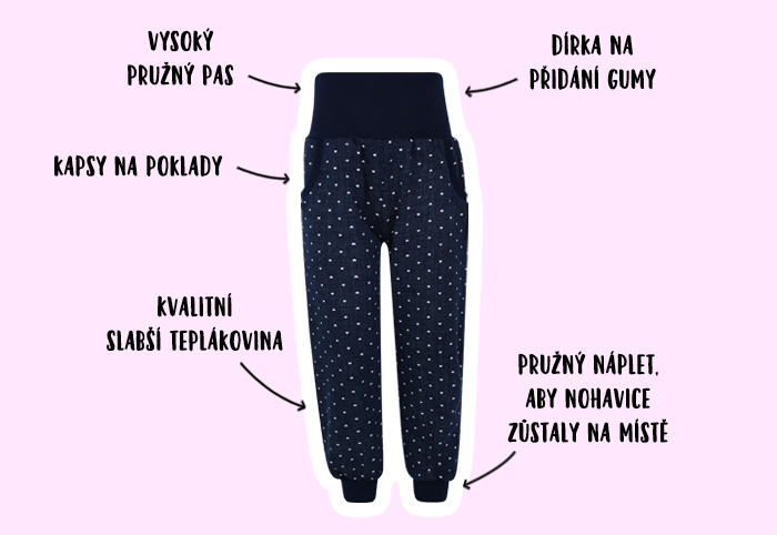 Popis dětských tepláků s vysokým pasem Srdíčka na Jeans