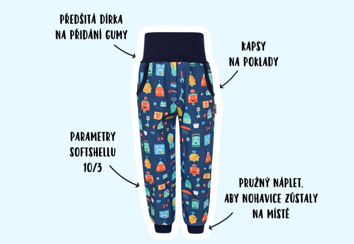 Infografika - dětské softshellové kalhoty Roboti