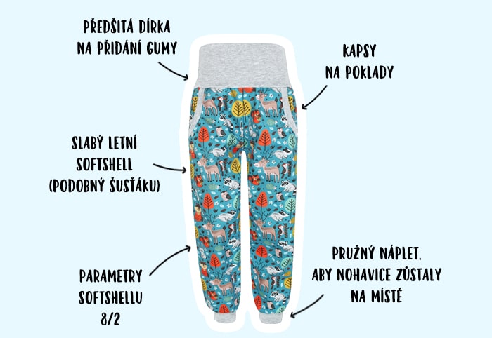 Infografika - dětské letní softshellové kalhoty Zvířátka na petrolejové