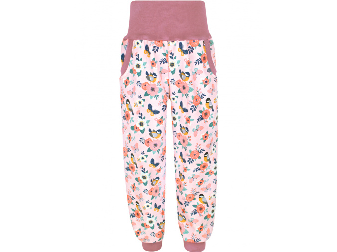 Dívčí zateplené softshellové kalhoty ptáčci s květy