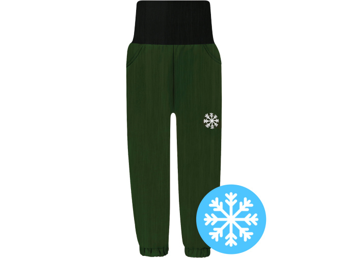 Dětské khaki zimní softshellové kalhoty s beránkem