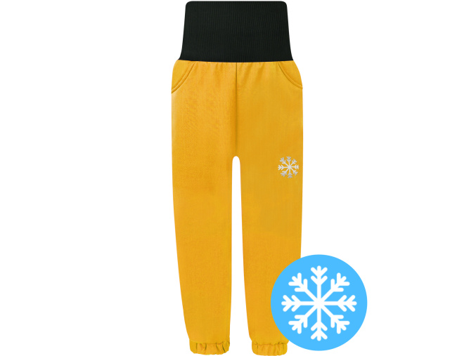 Dětské hořčicové zimní softshellové kalhoty s beránkem