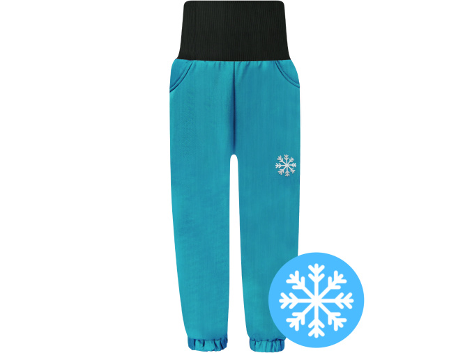 Dětské petrolejové zimní softshellové kalhoty s beránkem