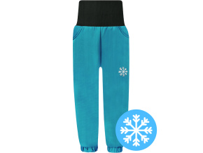 Dětské petrolejové zimní softshellové kalhoty s beránkem