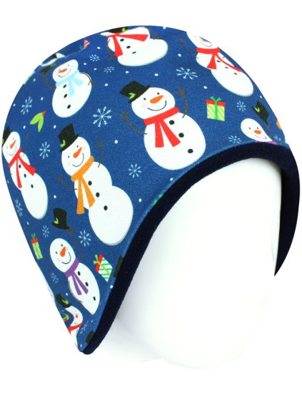 Dětská zateplená čepice sněhuláci na tmavě modré