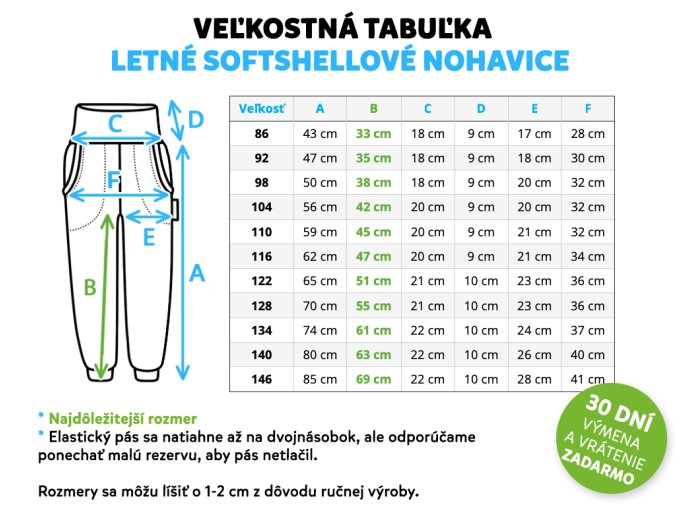 Velikostní tabulka dětské letní softshellové kalhoty sk