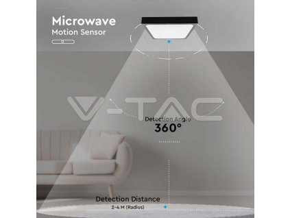V-TAC LED svietidlo 24W 4000K štvorcové čierne IP44 + mikrovlnný senzor