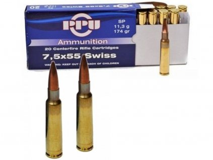 Kulový náboj PPU 7,5X55 SWISS FMJ BT 174 GR/11,3 G  20KS