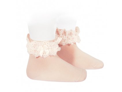 lace trim short socks with bow nude