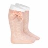 perle geometric openwork knee high socks with bow nude