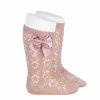 perle geometric openwork knee high socks with bow old rose