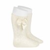 perle geometric openwork knee high socks with bow beige