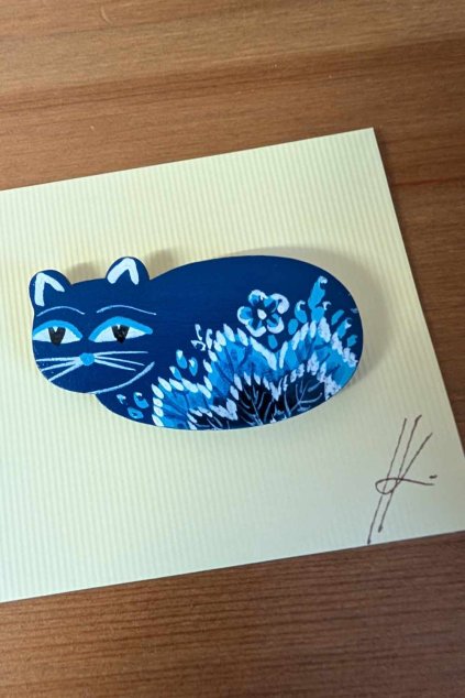 dřevěný malovan brož folklorní kočka modrá