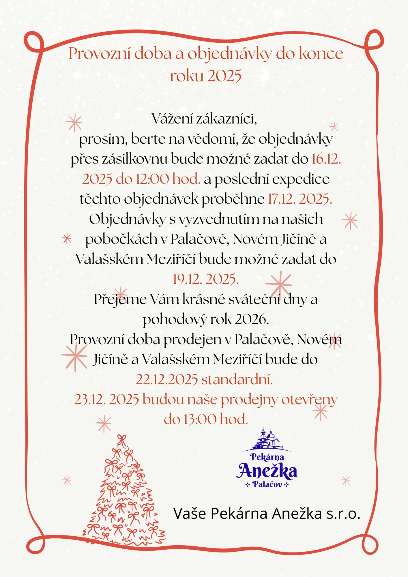 Provozní doba a objednávky do konce roku 2025