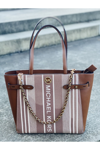 Dámská kabelka Michael Kors Carmen Large Striped Jacquard and Leather Tote Bag hnědá