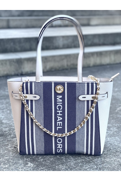 30S1GNMT3C Dámská kabelka Michael Kors Carmen Large Striped Jacquard and Leather Tote Bag modrá6