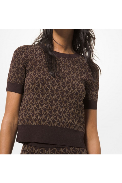 Dámský svetr Michael Kors Stretch Logo Jacquard Short Sleeve MS1604L2RW hnědý