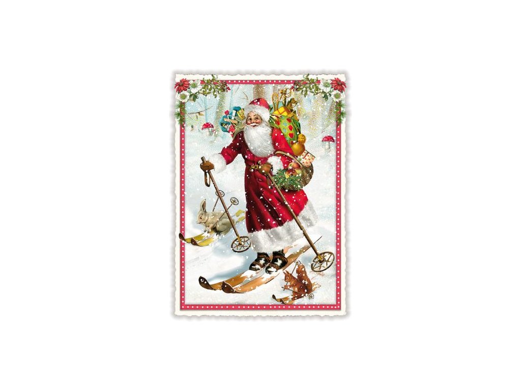 Vánoční pohlednice Santa na lyžích 10,5 x 15 cm