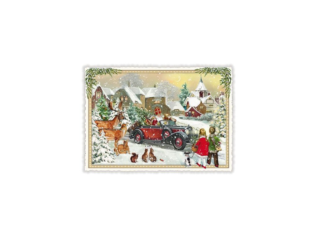 Vánoční pohlednice Mikuláš jede městem 15 x 10,5 cm