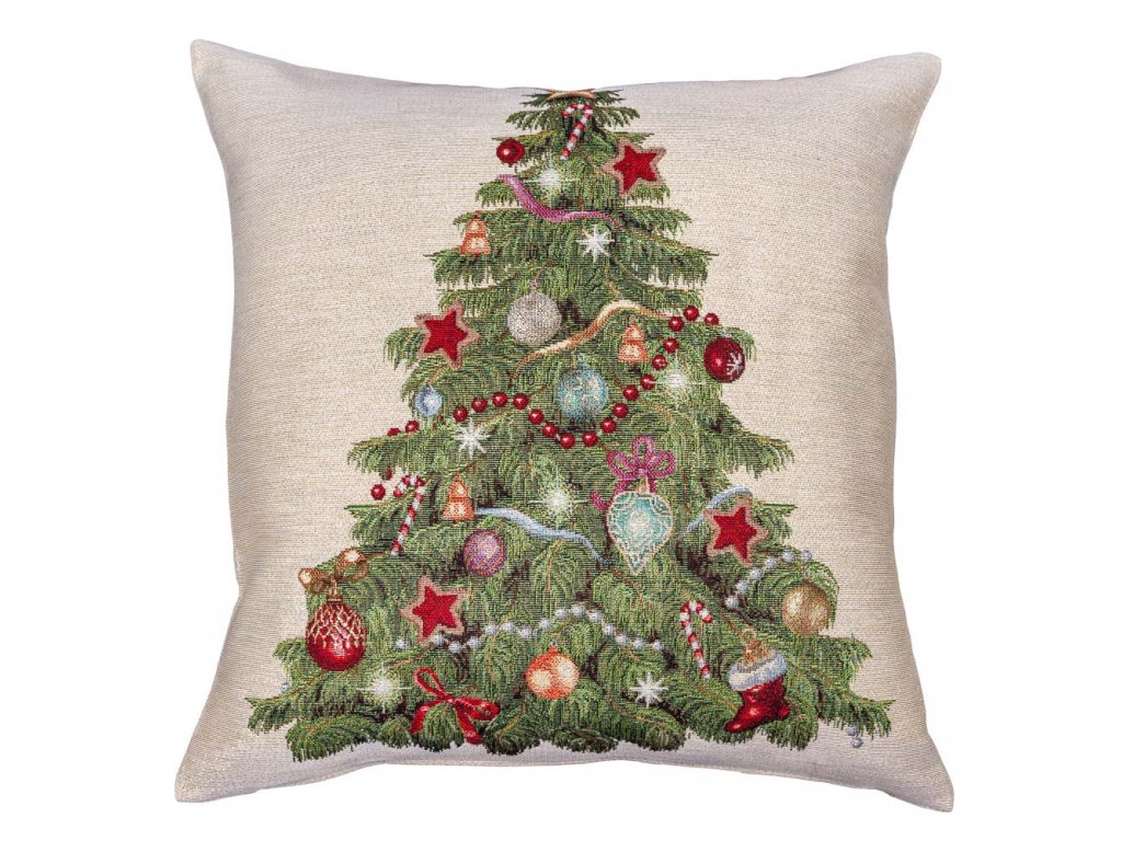 Gobelínový vánoční povlak na polštář s motivem Ozdobený stromeček 45x45 cm
