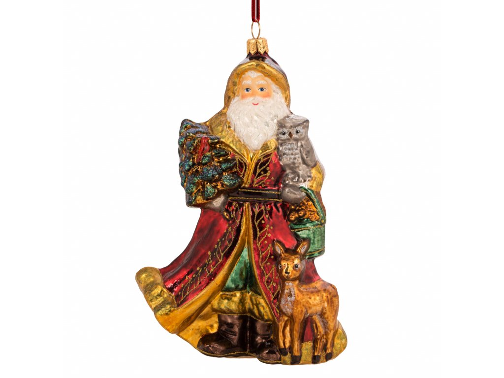 Sběratelská skleněná ozdoba na stromeček Santa s lesními přáteli 19 cm