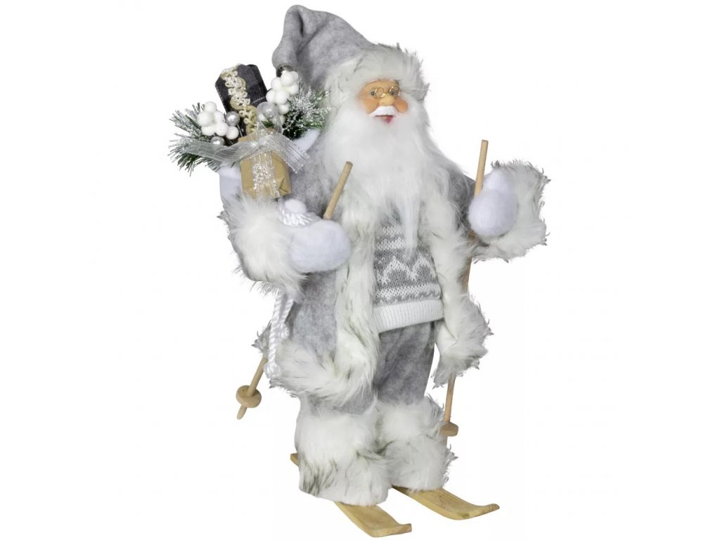 Vánoční dekorace Ježíšek Santa v šedém kabátku na lyžích 30 cm
