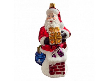 Sběratelská skleněná ozdoba na stromeček Santa s dárky u komína