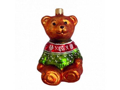 Biliński Skleněná ozdoba Medvídek v zeleno-červeném svetru