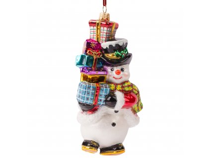Sběratelská skleněná ozdoba na stromeček Sněhulák s hromadou dárků