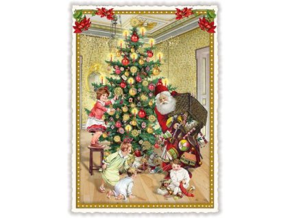 Vánoční pohlednice Santa rozdává dárky 10,5 x 15 cm