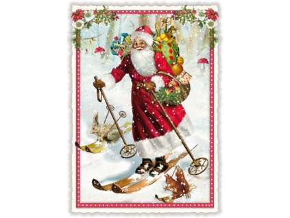 Vánoční pohlednice Santa na lyžích 10,5 x 15 cm