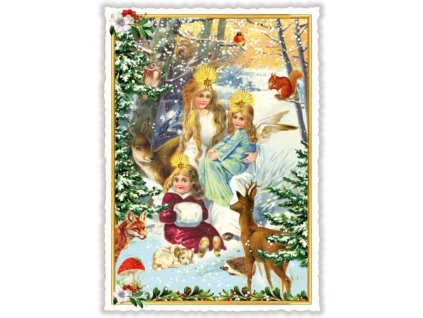 Vánoční pohlednice Andělé v lese 10,5 x 15 cm