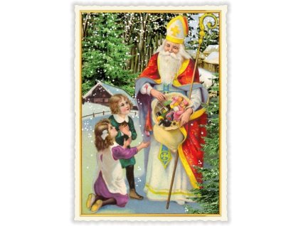 Vianočné pohľadnice Mikuláš rozdáva darčeky 10,5 x 15 cm