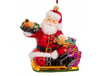 Sběratelská skleněná ozdoba na stromeček Santa hrající s lokomotivou 13 cm