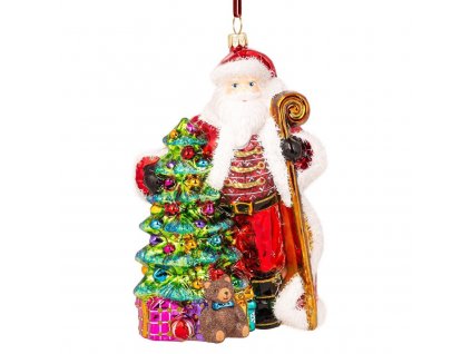 Sběratelská skleněná ozdoba na stromeček Santa objímající vánoční stromek 18 cm