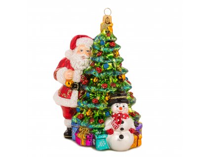 Zberateľská sklenená ozdoba na stromček Santa so snehuliakom pri vianočnom strome 18,5 cm