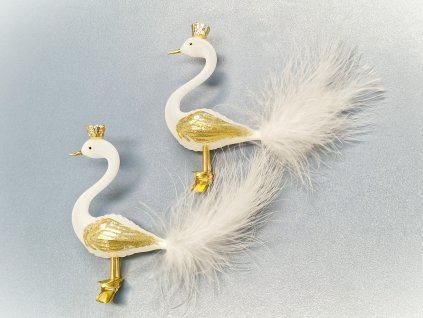 Vánoční ozdoba Labuť bílá se zlatými křídly a korunkou
