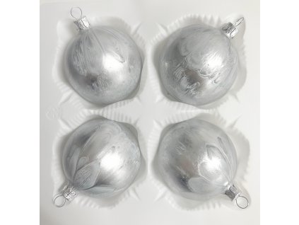 Vánoční ozdoby Koule stříbrno ocelová s jemným malováním - sada 4 kusů