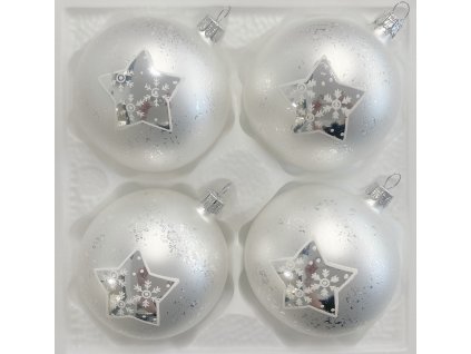 Sada vánočních ozdob koule bílá mat se stříbrnou hvězdou