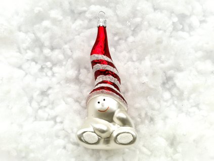 Vánoční ozdoba Sněhulák sedící s červenou čepicí