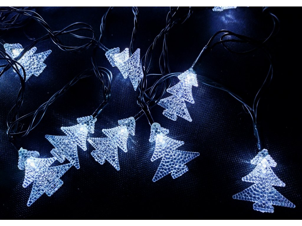 Vnitřní LED vánoční řetěz Vánoční stromečky - studená bílá, zelený kabel, 6m