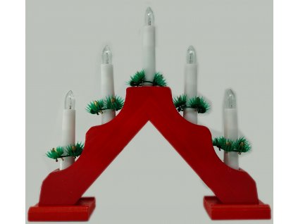 Vánoční dřevěný červený svícen, 5 svíček, teplá bílá,