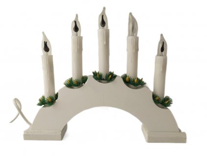 Vánoční dřevěný svícen ve tvaru oblouk, bílá, imitace plamene, 5 svíček